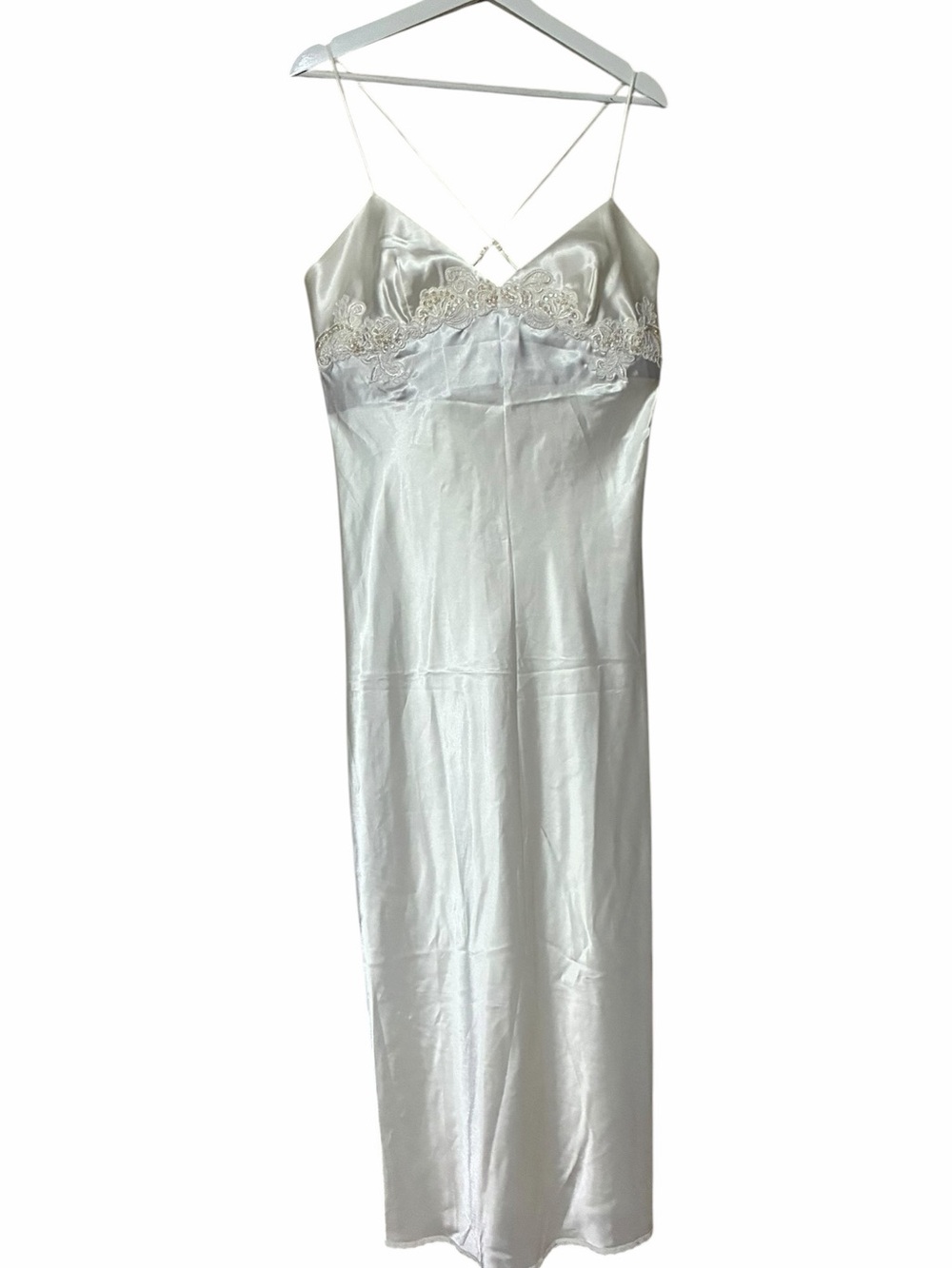 Vintage Victoria’s Secret Cross-Back Satin Lace-Trim Slip  Faux Pearls Detail